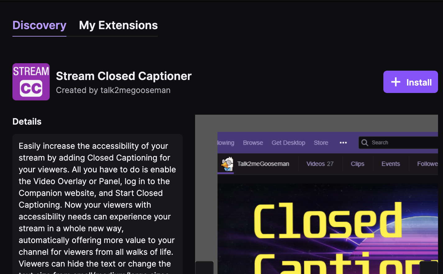 Image of the Twitch extension installation page